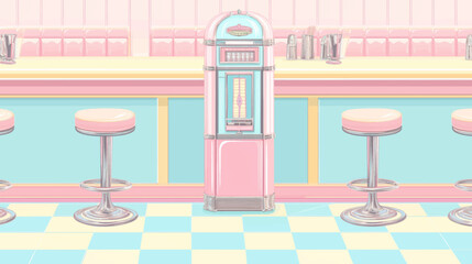 Seamless retro diner vector background with center jukebox and pink teal pastel tile design