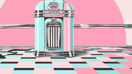 Retro jukebox illustration on pink diner wall with teal tile vector background for presentations