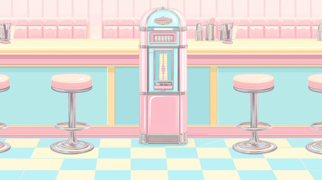 Seamless retro diner vector background with center jukebox and pink teal pastel tile design