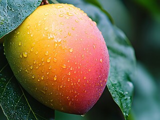 Closeup of a ripe mango with water droplets on the tree