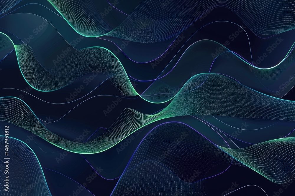 Poster abstract dark background with green and blue wavy lines. background image of green and blue digital 