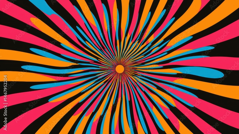 Poster a vibrant abstract design featuring a central circle surrounded by radiating lines in various colors