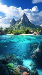 Fototapeta premium Tropical beach, vibrant coral reef, clear water, majestic mountains.