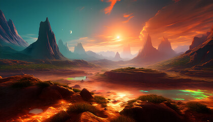 Alien Planet Sunset Dramatic Red Landscape with Mountains Pools and Celestial Bodies