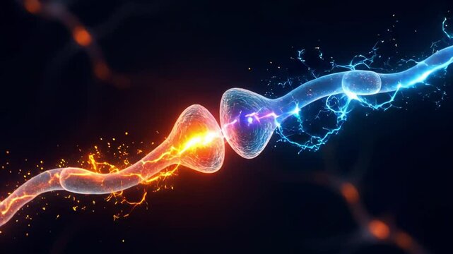 Close-up digital rendering of synapse firing between neurons with bright orange and blue electric impulses Concepts synaptic transmission, neurobiology,  brain communication, electric signal, neuron 
