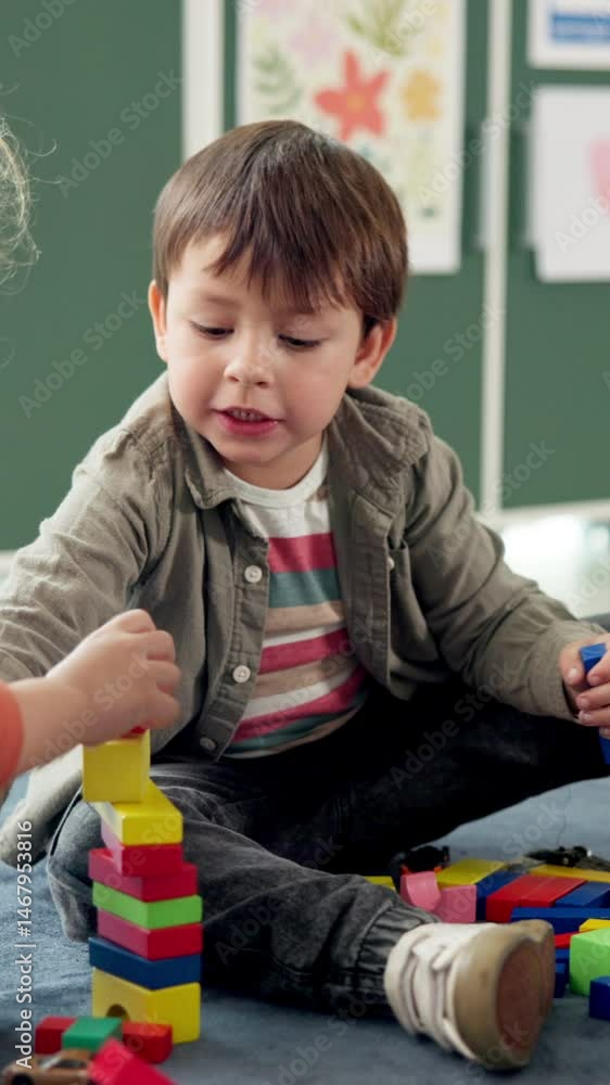 Poster classroom, child and boy with blocks for education, creative and cognitive development in school. ki