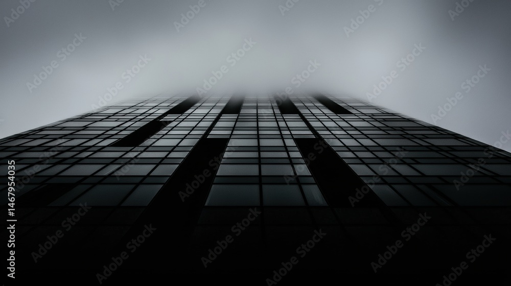 Poster the image depicts a tall building with a grid-like pattern of windows, viewed from a low angle.