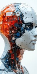 Fototapeta premium Detailed Look Inside Humanoid Robot Head and Torso Displaying Intricate Internal Components and Futuristic Synthetic Structure