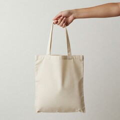 A hand is holding a blank beige canvas tote bag against a neutral background. The bag is centered and clearly visible, suitable for mockups or product display.
