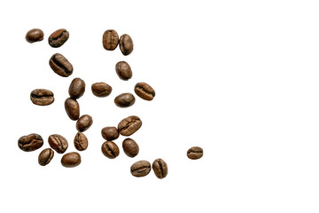Scattered coffee beans on a transparent background