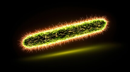 Fototapeta premium A single-celled organism with a long, cylindrical shape and a bright green body, illuminated by a yellow glow.