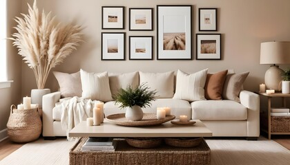 Cozy Living Room Interior with Neutral Decor and Pampas Grass