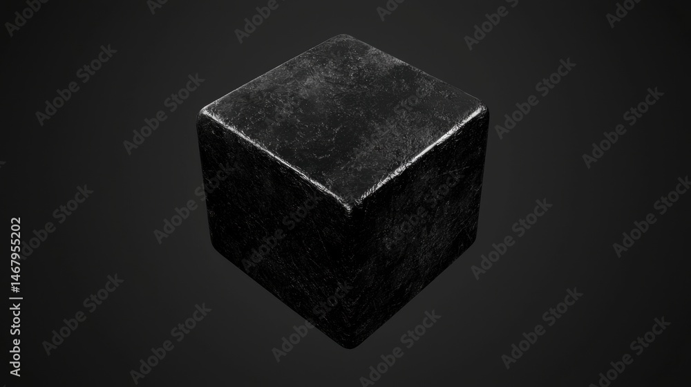 Poster a 3d rendering of a black cube with a rough texture.