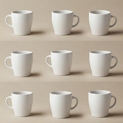 Obraz premium Nine white, ceramic mugs arranged in a grid pattern. Each mug is plain and cylindrical with a handle, set against a beige background. Minimalist aesthetic.