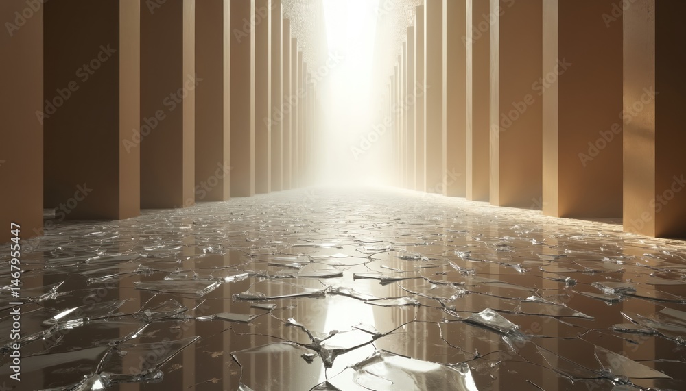Aufkleber Illustration depicts majestic brown hall with white light at end. Broken glass shards on polished floor create dramatic contrast. AI generated image, abstract art for conceptual projects.