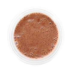 Tasty chocolate milk in plastic cup isolated on white, top view