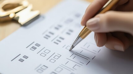 Hand holding pen over paper with boxes and lines filling out a form on a clipboard close up view