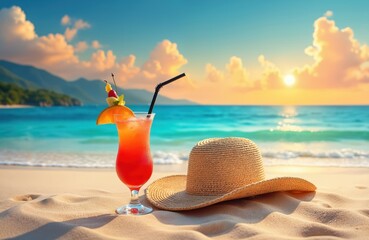 Illustration of straw hat, exotic cocktail on sunny beach. Tropical drink stands on sand. Sea waves, blue ocean on background. Summer vacation vibes. Vacation mood, travel, leisure, relax.