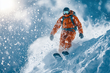 Snowboarder in snow suit and helmet flying down snowy slope.