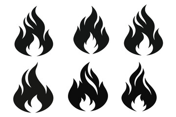 Set of 6 Black and White Fire Flame Icons – Minimalist Vector Symbols on White Background