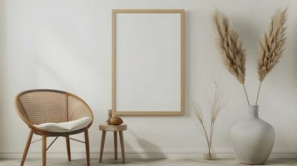 Wooden frame mockup close up standing near chair and vase in interior, 3d render