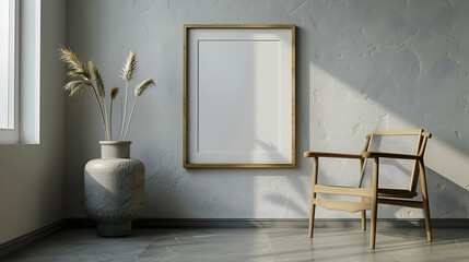 Wooden frame mockup close up standing near chair and vase in interior, 3d render