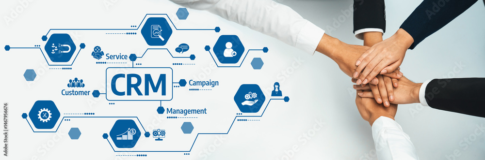 Poster a dynamic image depicting hands joining together over a background of crm icons symbolizing teamwork