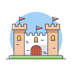 Illustration of a cartoon castle with towers flags and a gate perfect for children's books