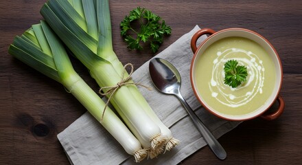 Still life of leeks with soup in a bowl and a spoon on a wooden surface and napkin