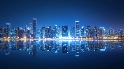 Fototapeta premium Night cityscape reflected in calm water.