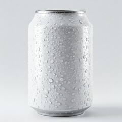 A cold, plain white aluminum can covered in water droplets sits against a white background. The can looks fresh and thirst-quenching.