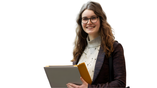 Woman with glasses smiling holding a laptop and a yellow folder against a TRANSPARENT background image