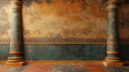 Ancient Egyptian Style Columns and Decorative Wall with Hieroglyphics and Grunge Texture, Historical Copyspace Background