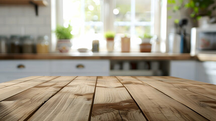 Wooden table on blurred kitchen bench background. Empty wooden table and blurred kitchen background