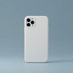A white smartphone, face down, with a triple-lens camera, encased in a white protective case, set against a light blue background.