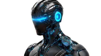Cybernetic humanoid avatar, sleek titanium armor, glowing blue circuits, ultra-HD, transparent background --ar 16:9
