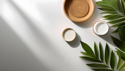 Natural Skincare Products Flatlay Wooden Bowls Cream Jars Tropical Leaves