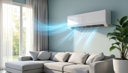 Modern air conditioner with fresh stream in cozy living room. Comfortable home interior with white sofa, curtains, plants. Climate control for apartment or house. Comfort lifestyle tech.