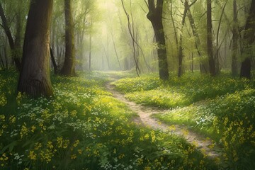 Obraz premium Sunlit forest path through wildflowers