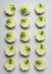 Obraz premium Fresh fennel bulbs halves for healthy eating. Vegan food flat lay concept, antioxidant rich diet for gut health and well being. Culinary ingredient top view