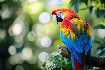 Scarlet macaw sitting in bright tropical forest