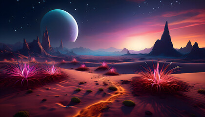 Alien Desert Landscape Glowing Plants Mountains and a Turquoise Planet at Sunset