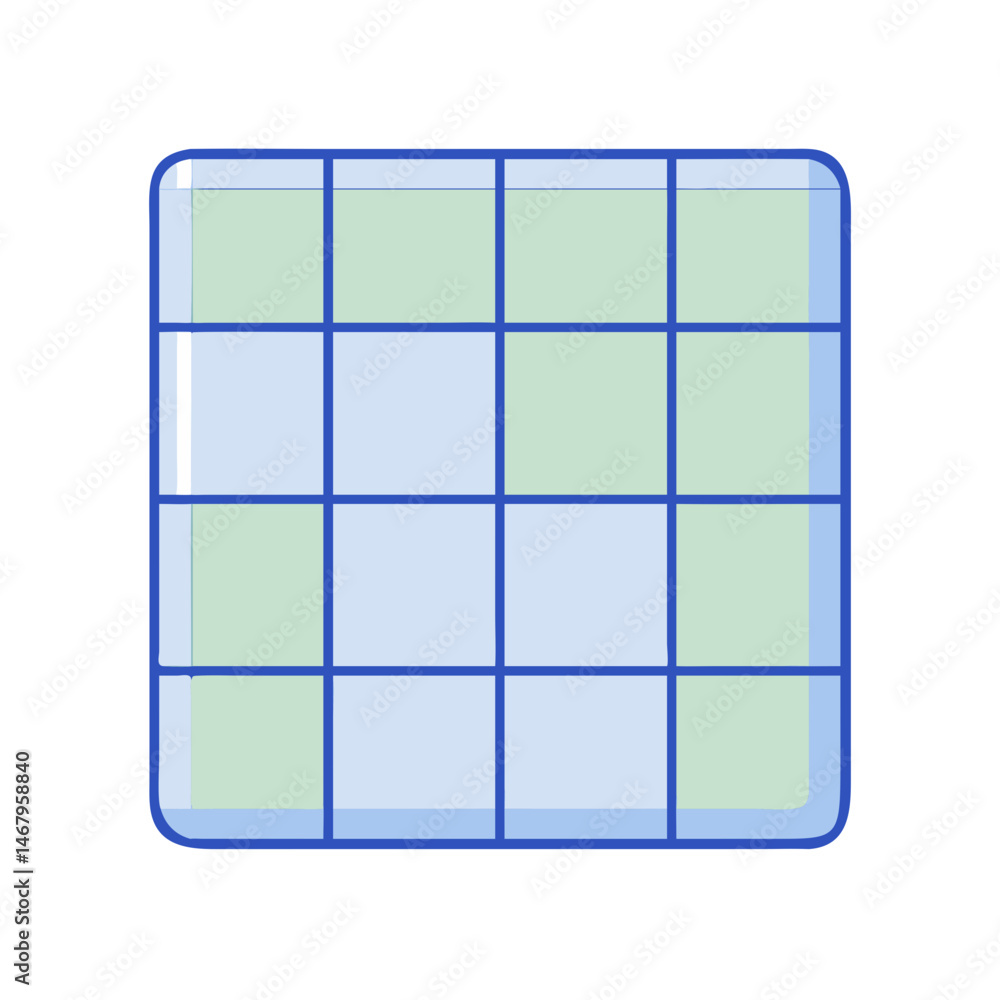 Poster illustration of a square grid pattern with blue lines and alternating green and blue squares design