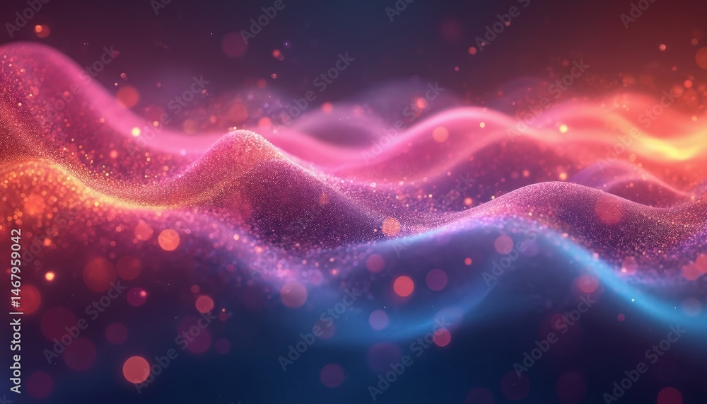 Poster Vibrant abstract background with colorful waves. Dynamic energy, fluid shapes in pink orange and blue hues with bokeh effect. Modern, playful, mesmerizing artistic composition for design.
