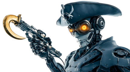A robotic pirate captain with a steam-powered cutlass and a golden hook hand, glaring at the horizon. Ultra-HD, transparent background --ar 16:9