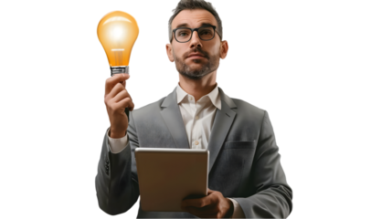 Man in suit holding tablet and lightbulb representing idea generation on a TRANSPARENT background