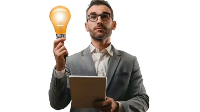 Man in suit holding tablet and lightbulb representing idea generation on a TRANSPARENT background