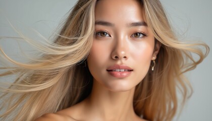 Fototapeta premium Beautiful asian female model with long blond hair motion. Face close-up with flowing hair. Portrait for hair care product ad. Makeup beauty. Healthy skin, perfect look, commercial photo.