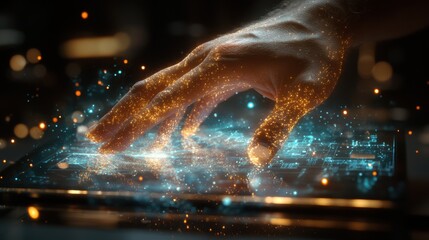A hand interacts with a digital interface, creating a mesmerizing display of light and energy. Futuristic technology concept.