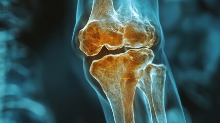 Close-up of a human knee joint, highlighting its intricate structure and bone details in a stylized X-ray image.